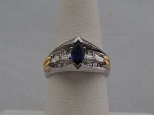 Platinum and 18k Yellow Gold, Marquise Sapphire and Diamond Ring - $2,600