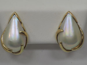 14k Yellow Gold Mabe Pearl Stud Earrings, 23mmx13mm - $350