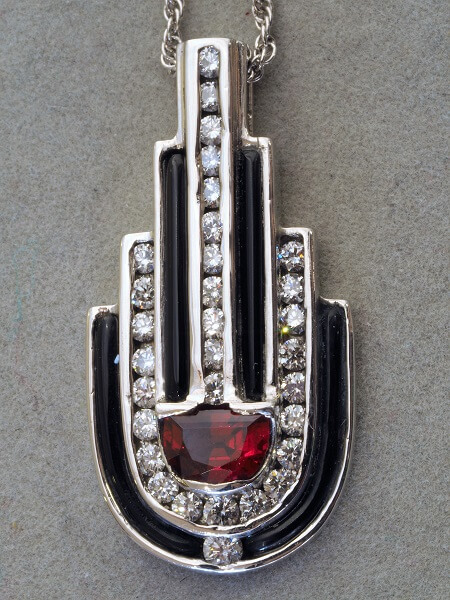 Palladium Red Spinel, Diamond and Black Onyx Pendant