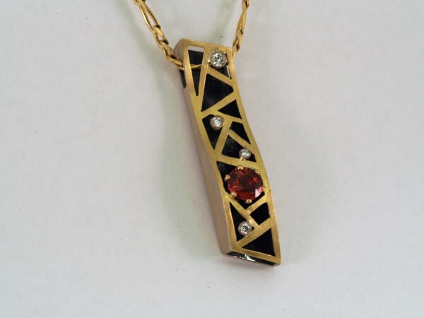18k Yellow Gold and Oxidized Sterling, Orange Spinel and Diamond Pendant