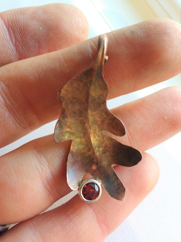 Hand-Forged Copper Leaf Pendant with Garnet