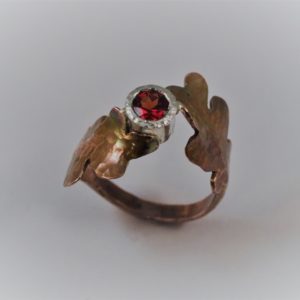 Hand-Forged Copper Leaf Ring, Garnet set in Sterling Bezel